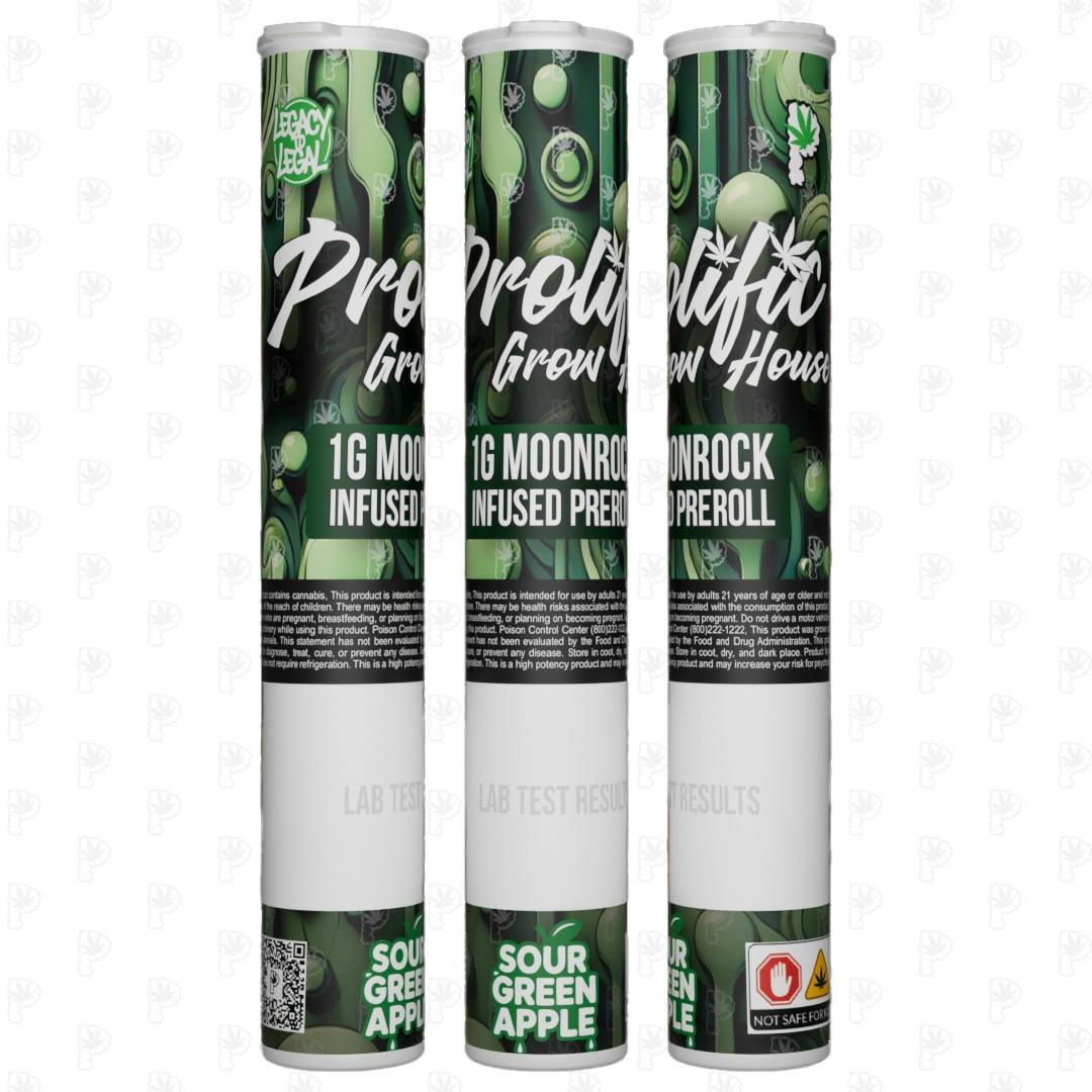 Photograph of product: Sour Green Apple | Moonrock Infused 1.25 g Pre Roll | Prolific Grow House