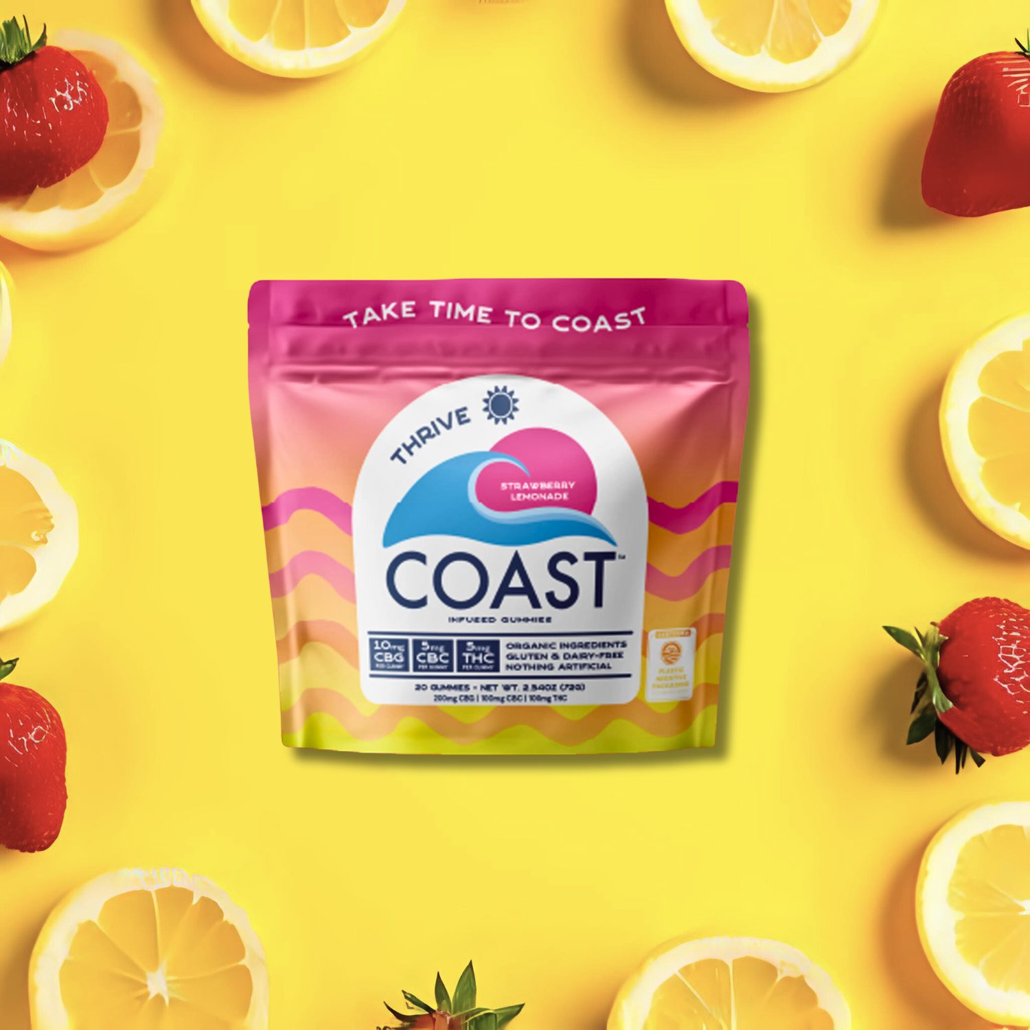 Photograph of product: Coast Thrive Strawberry Lemonade 10:5:5 CBG:CBC:TH-oui Gummies 20pc