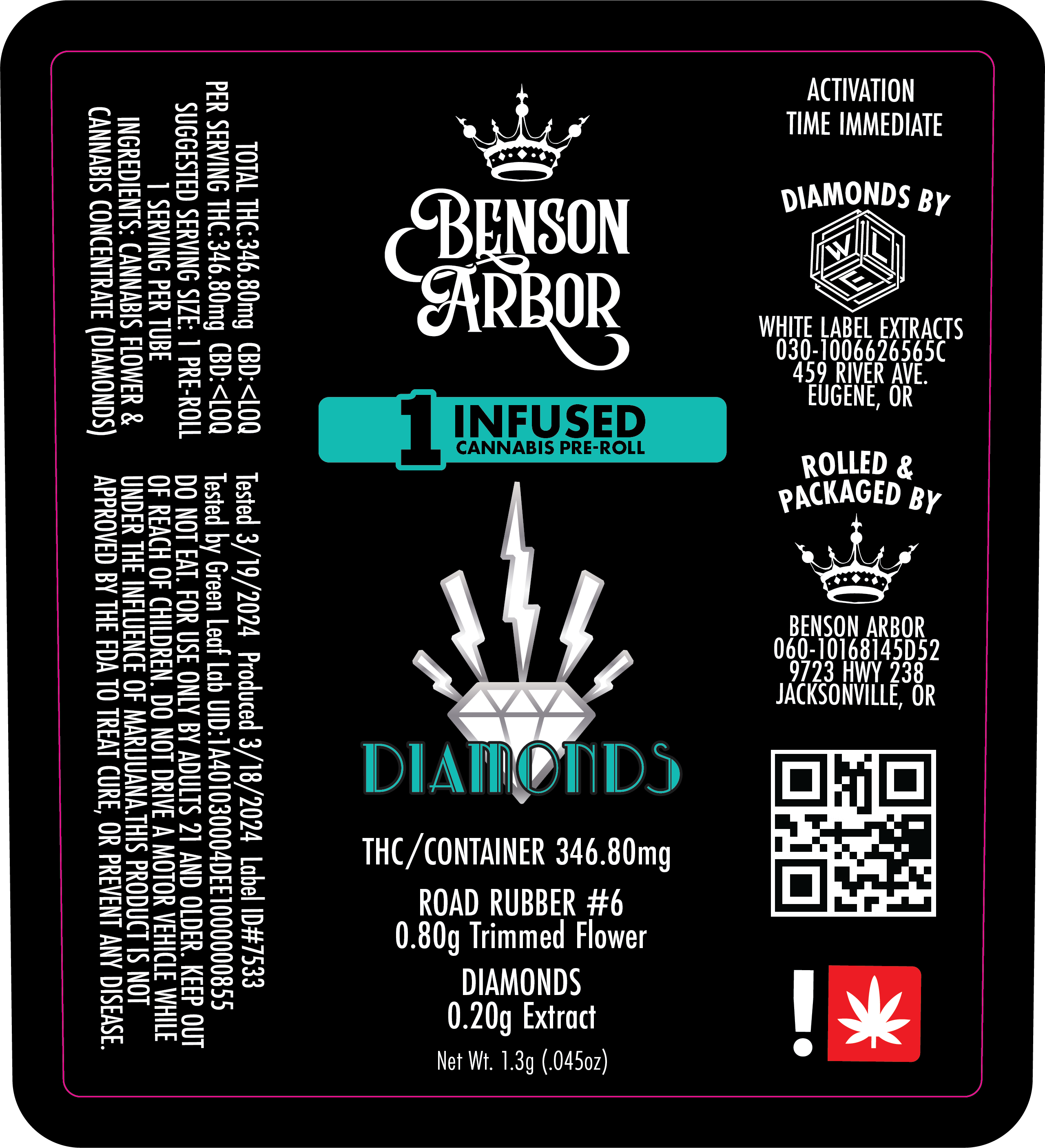 Photograph of product: Benson Arbor - Road Rubber Diamond-Infused Pre-Roll (I)