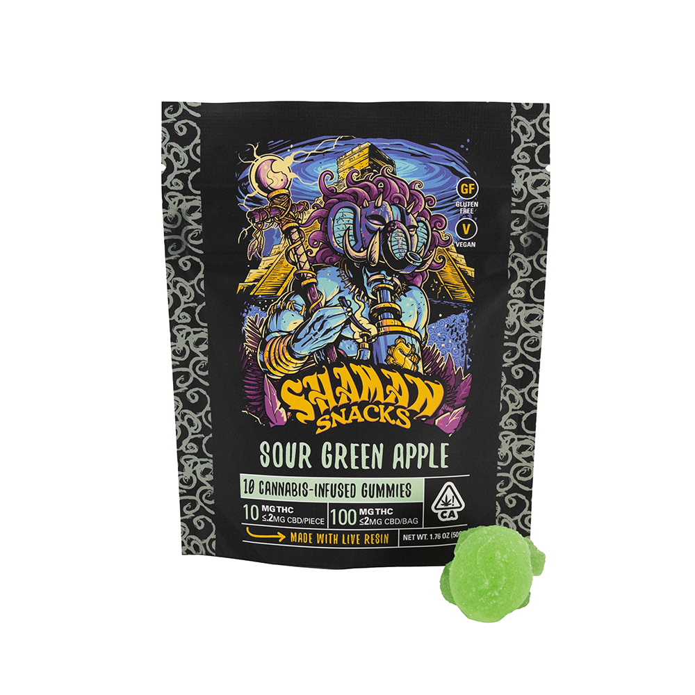 Photograph of product: SHAMAN EXTRACTS SNACKS GUMMIES EDIBLE - SOUR GREEN APPLE 100MG (10CT)