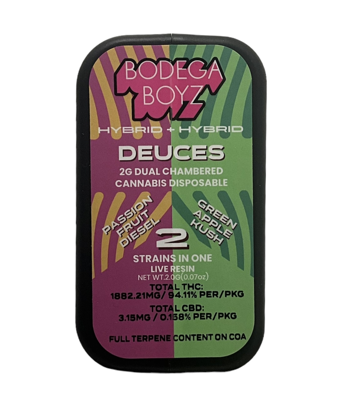 Photograph of product: Bodega Boyz Passion Fruit Diesel x Green Apple Kush Dual Chamber Vape