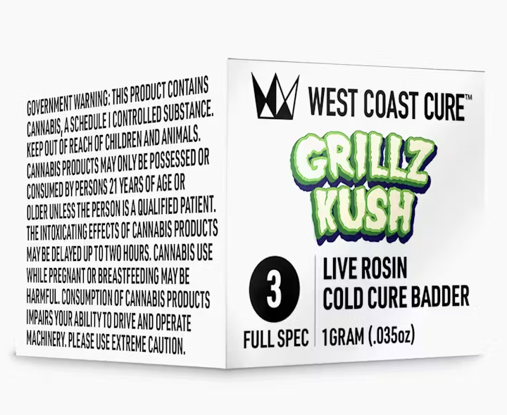 Photograph of product: West Coast Cure Grillz Kush Tier 3 Live Rosin Badder 1g