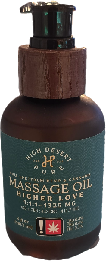 Photograph of product: High Desert Pure | Higher Love | Massage Oil | 1:1:1 | CBG:CBD:TH-oui |