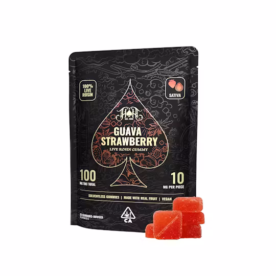 Photograph of product: HEAVY HITTERS | LIVE ROSIN GUMMIES | GUAVA STRAWBERRY | 5PK | 100 MG | 379