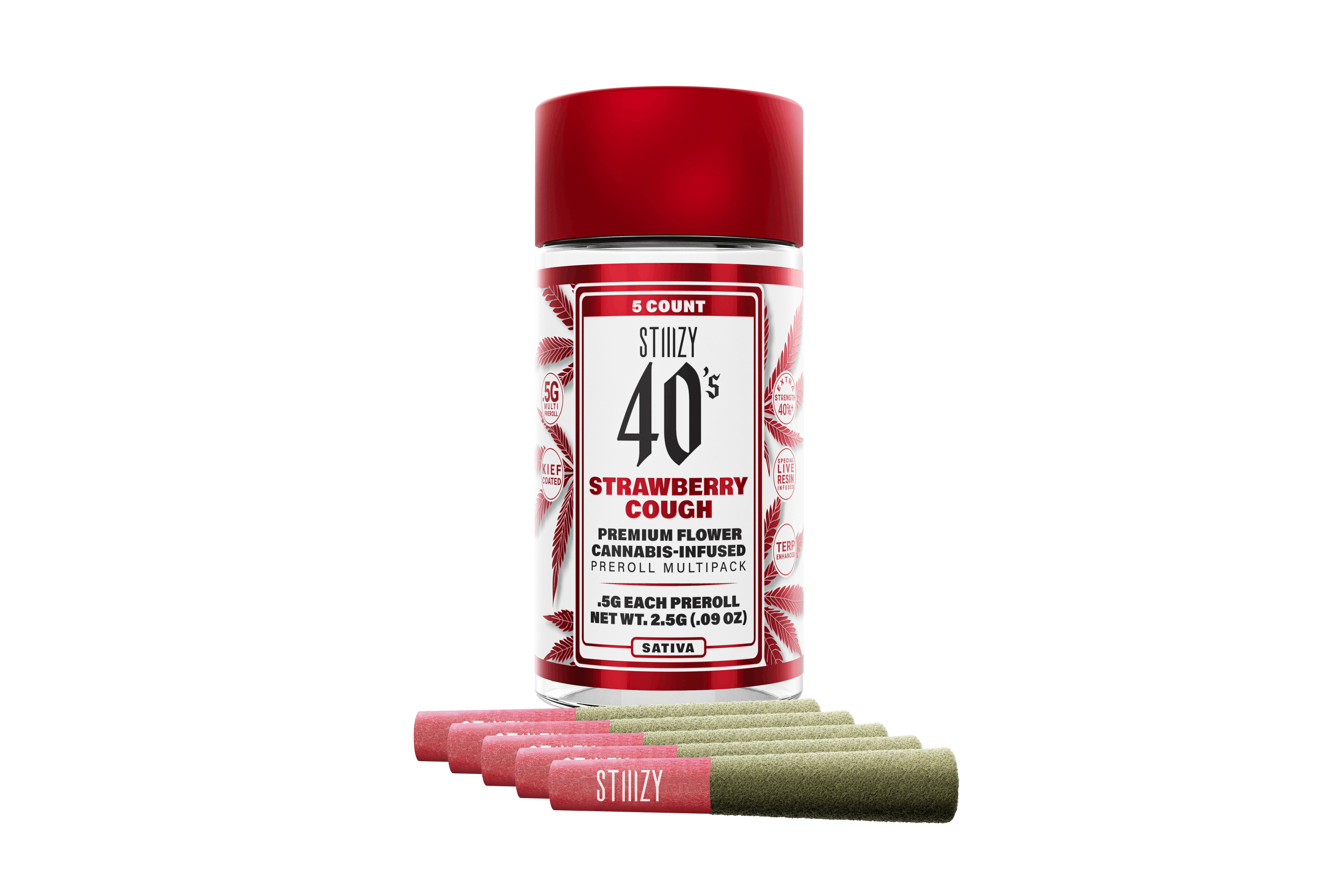 Photograph of product: STIIIZY | Strawberry Cough | 40s Live Resin Infused Pre-Rolls | 0.5g | 5pk
