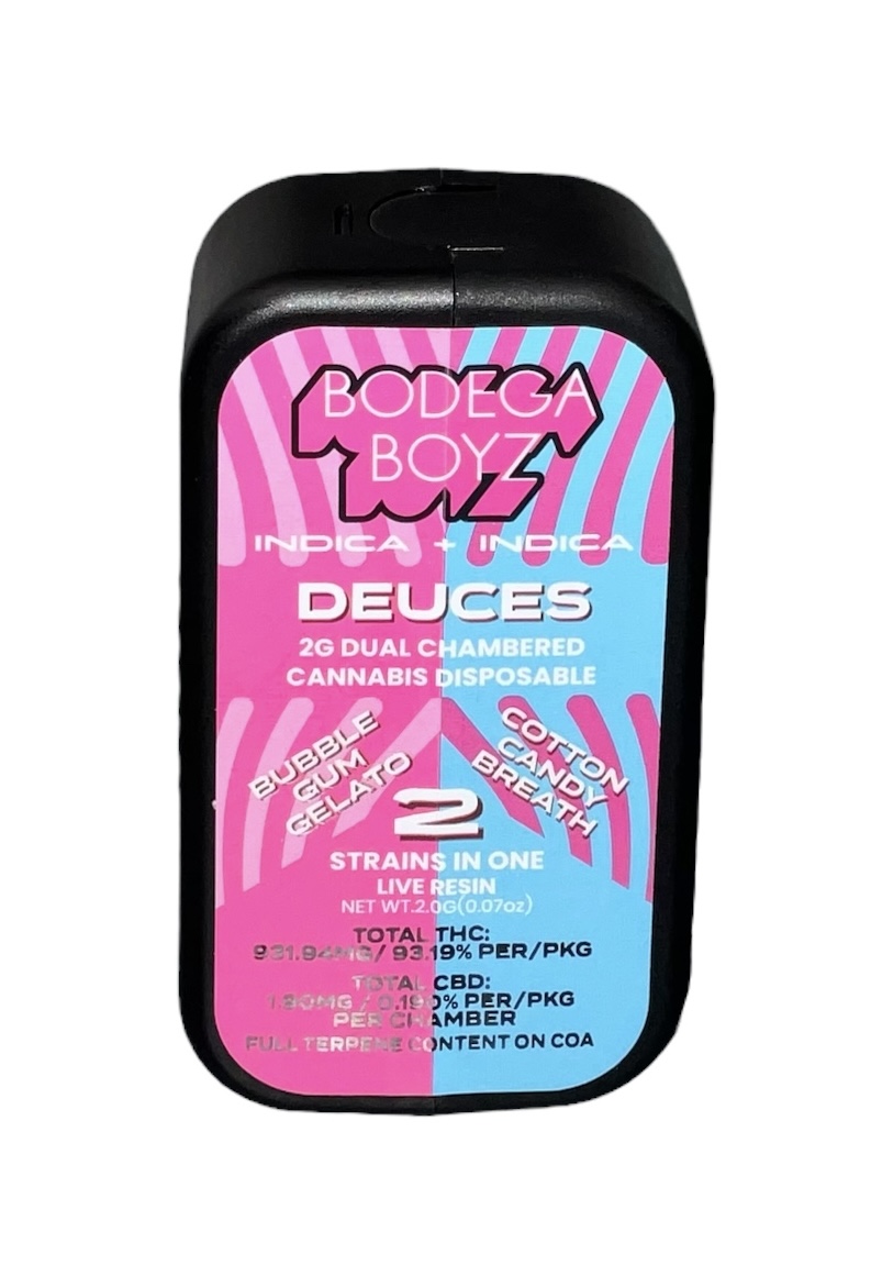 Photograph of product: Bodega Boyz Deuces Bubble Gum Gelato x Cotton Candy Breath Live Resin Dual Chamber Vape