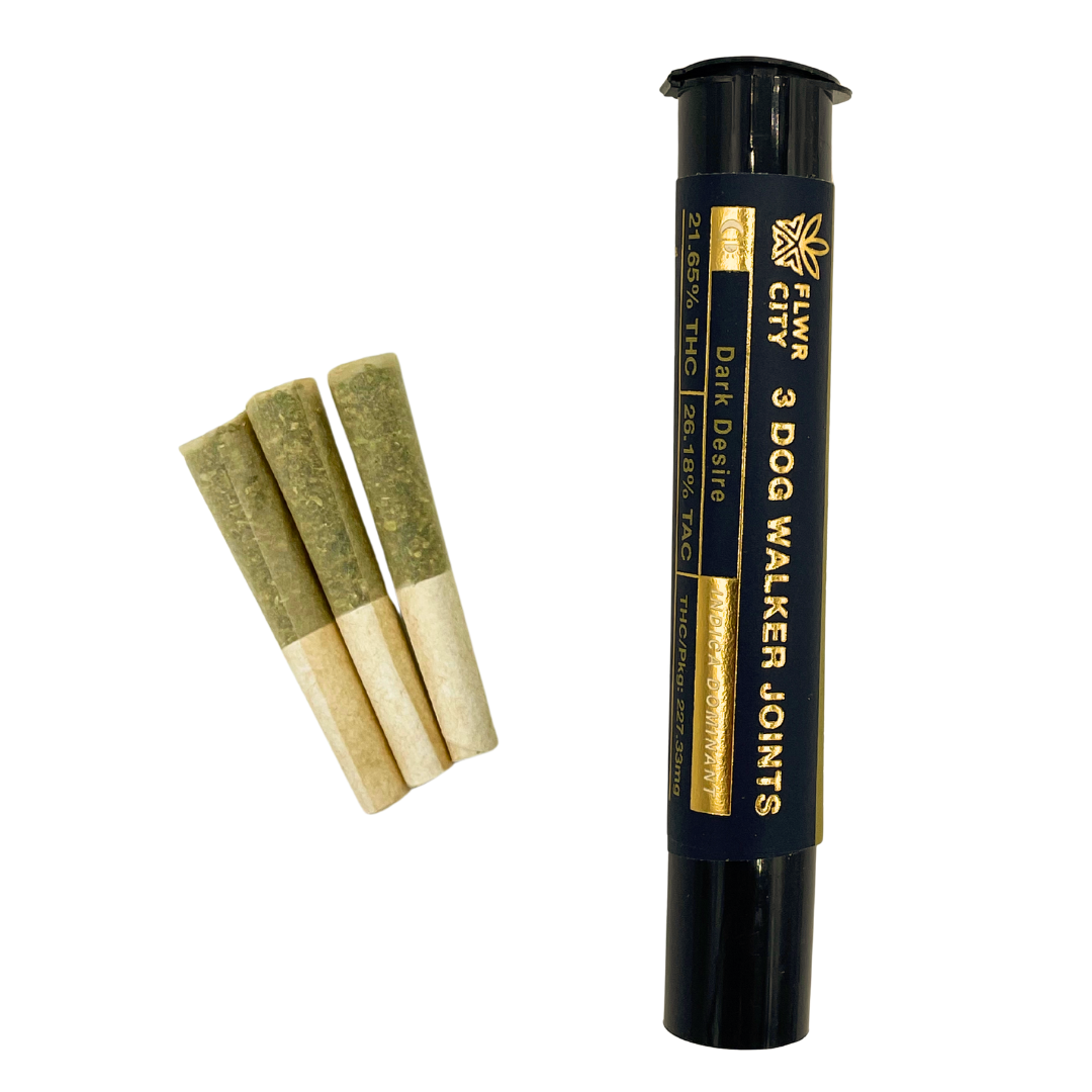 Photograph of product: FLWR CITY |  0.35g Dogwalker Pre roll joints 3pk | Dark Desire