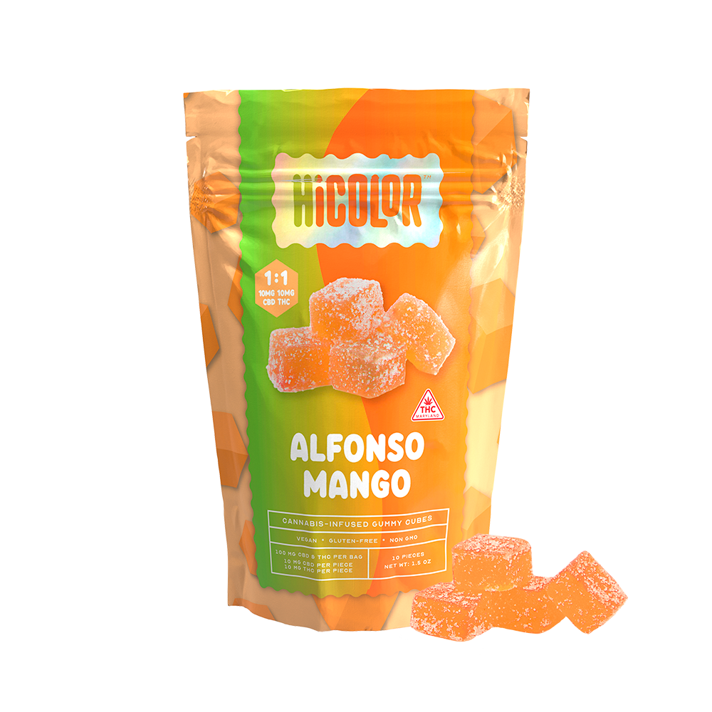 Photograph of Product: HiColor 5mg Alfonso Mango 1:1 (THC:CBD) Gummies /100mg