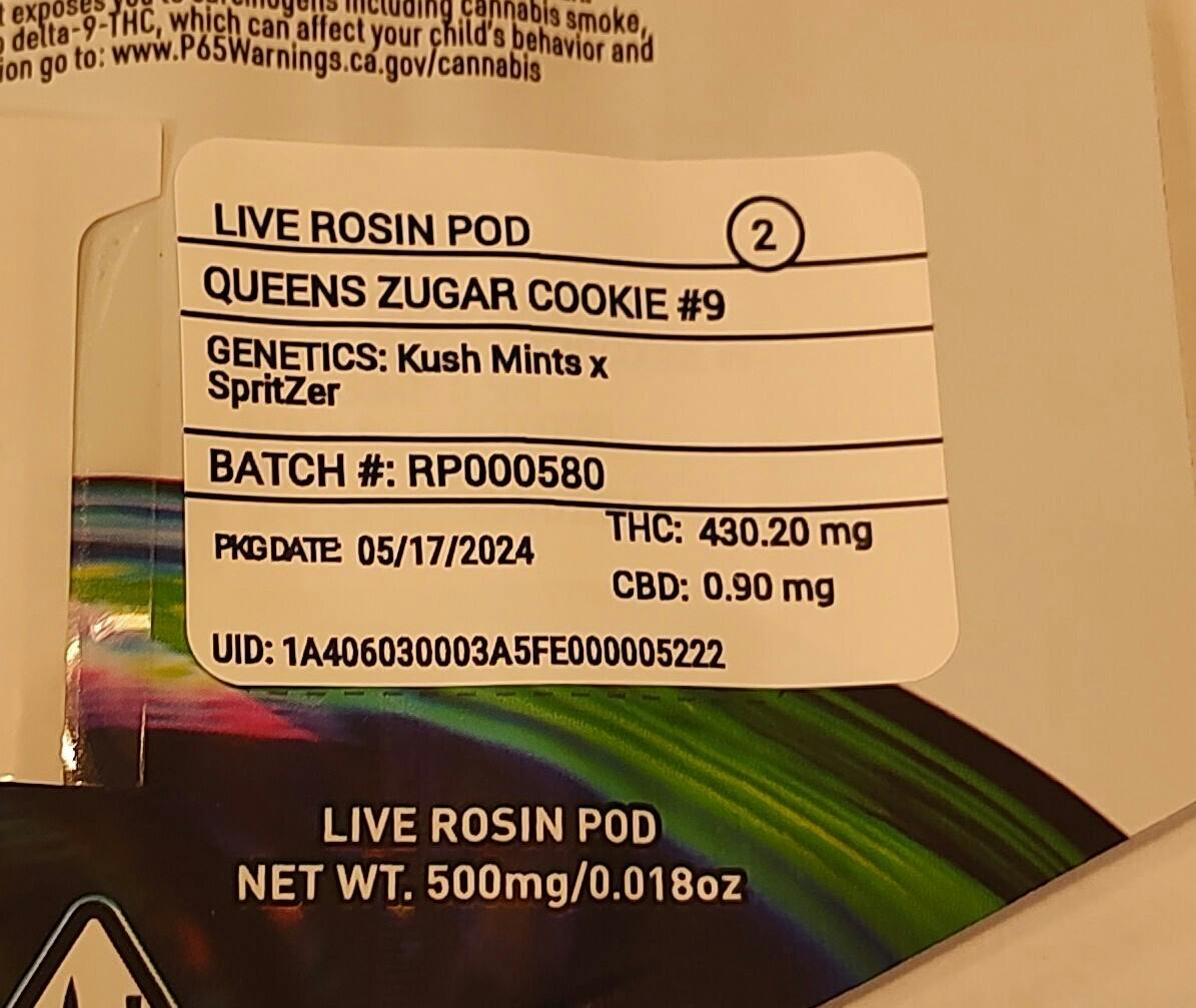 Photograph of product: 710Labs - 0.5g Queens Zugar Cookie #9 Live Rosin Pod Tier 3