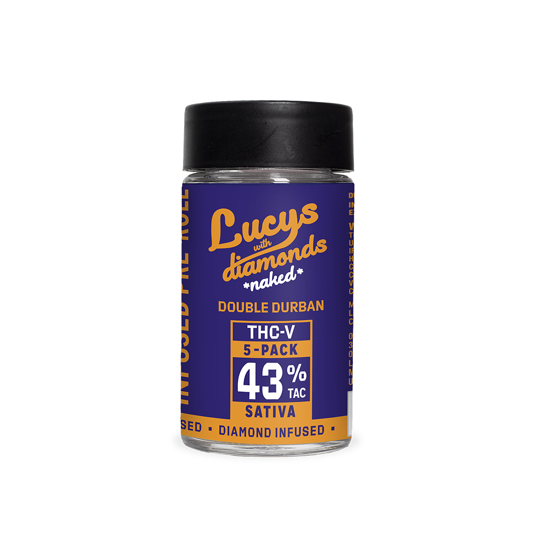Photograph of Product: Blotter Lucy's | Double Durban THC-V | Diamond Infused 1/2 Gram Joints | 5pk