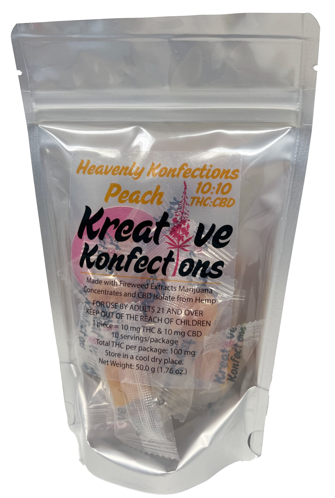 Photograph of product: 1:1 10mg 10-Pack Peach Heavenly Soft Chews by Kreative Konfections