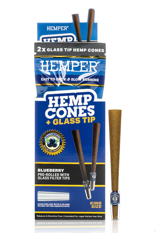 Photograph of product: Accessories | Hemper | King Size Hemp Cones + Glass Tip | Blueberry | 2pk