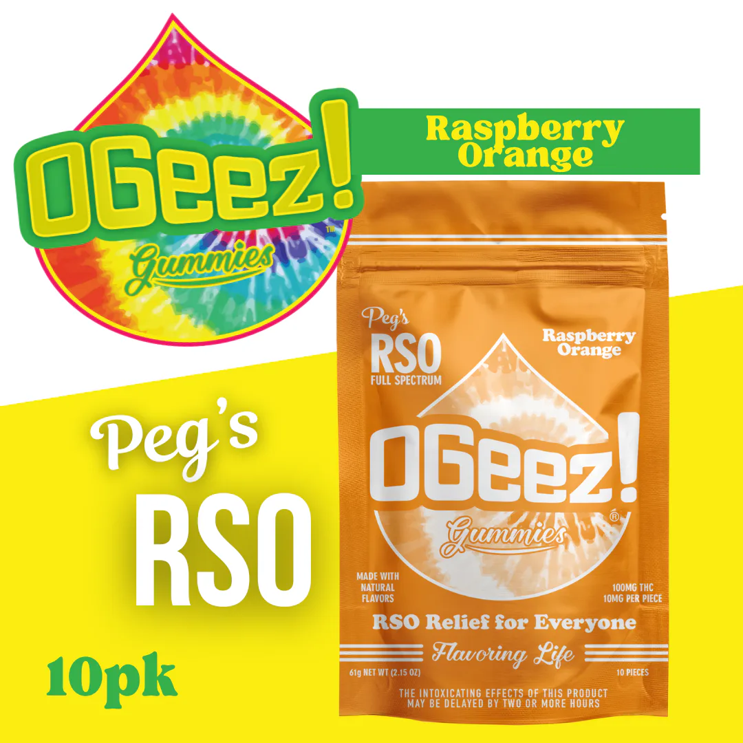Photograph of product: 100mg - 10 Pack - Edibles - Full Spectrum - Peg's Raspberry Orange RSO - OGeez - REC