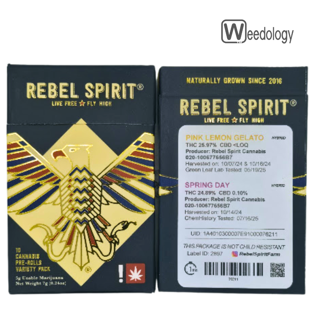 Photograph of product: Rebel Spirit 10pk PINK LEMON GELATO(H)/SPRING DAY(H) 0.5g Pre-Rolls