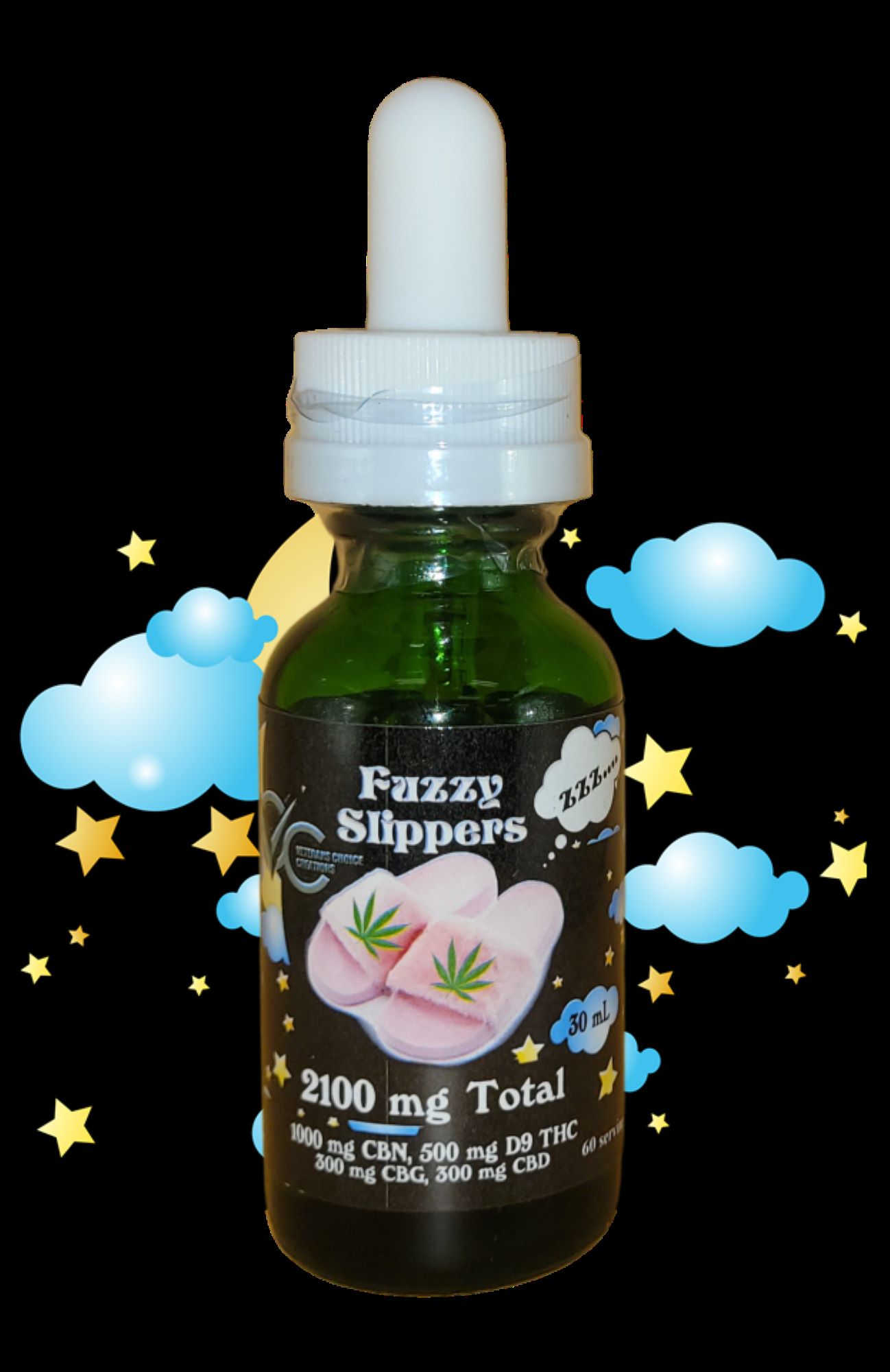 Photograph of product: Fuzzy Slippers Tincture 1000:500:300:300 CBN:TH-oui:CBG:CBD