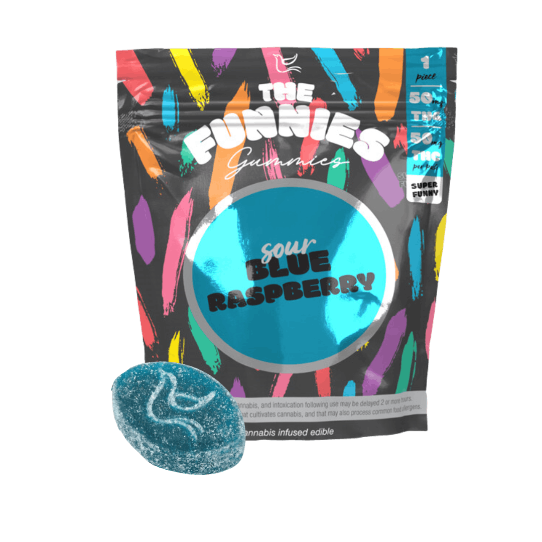 Photograph of product: The Funnies Gummies | Super Funny Sour Blue Raspberry Gummy | 1pk 50mg (new)