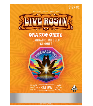 Photograph of product: Emerald Sky Oui'd Orange Orbit Live Rosin Gummies 10ct 100mg