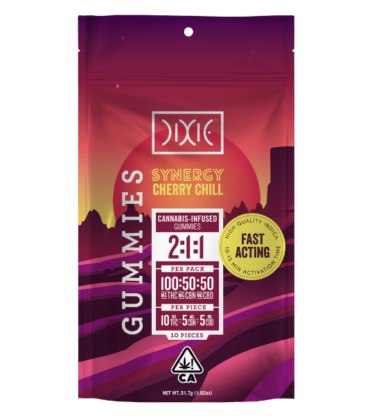 Photograph of product: Dixie Synergy Cherry Chill 2:1:1 TH-oui:CBN:CBD 10pk Gummies (200mg)