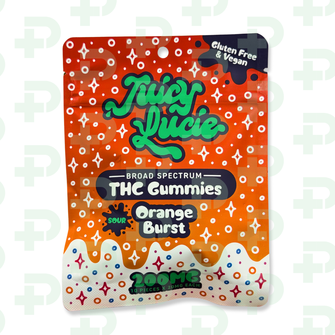 Photograph of product: Juicy Lucie 200mg Vegan Gummies - Orange Burst