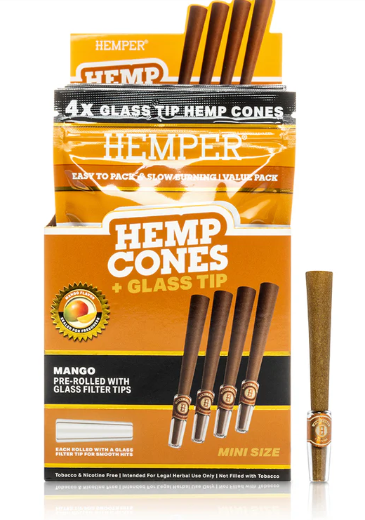 Photograph of product: Accessories | Hemper | Mini Size Hemp Cones + Glass Tip | Mango | 4pk