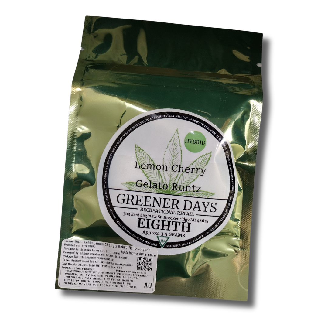 Photograph of product: Greener Days Eighth (3.5G) Prepackaged Flower Lemon Cherry Gelato Runtz