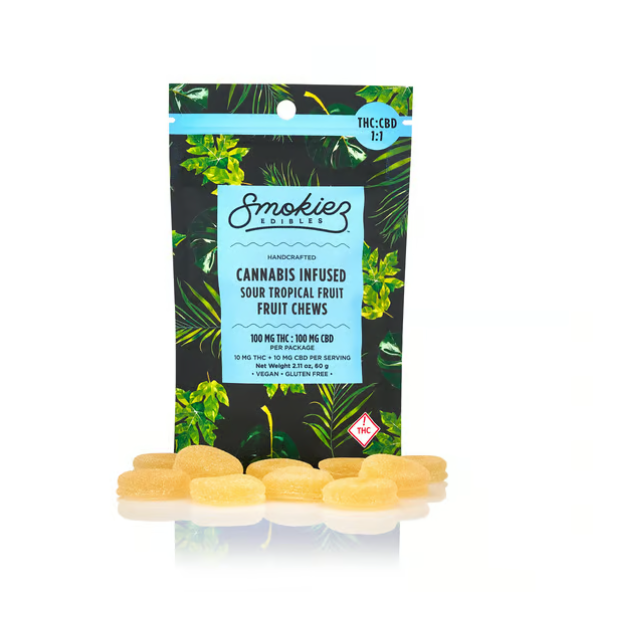 Photograph of product: Sour Tropical 1:1 (TH-oui, CBD) Fruit Chews 10Pk - Hybrid (GF)(V)