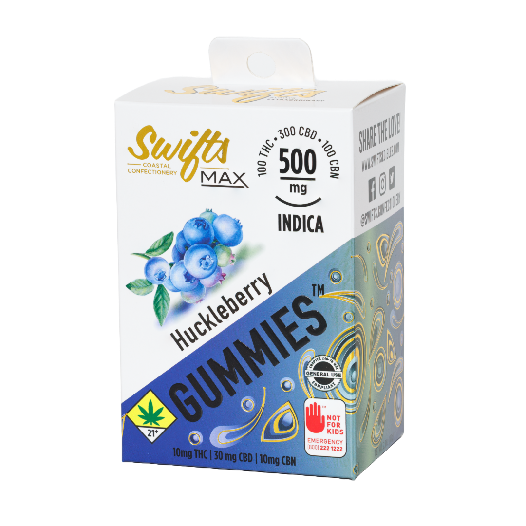 Photograph of product: Swifts | Huckleberry MAX | Oui'd Gummies | DOH | 10pk | 500mg TH-oui:CBD:CBN 1:3:1