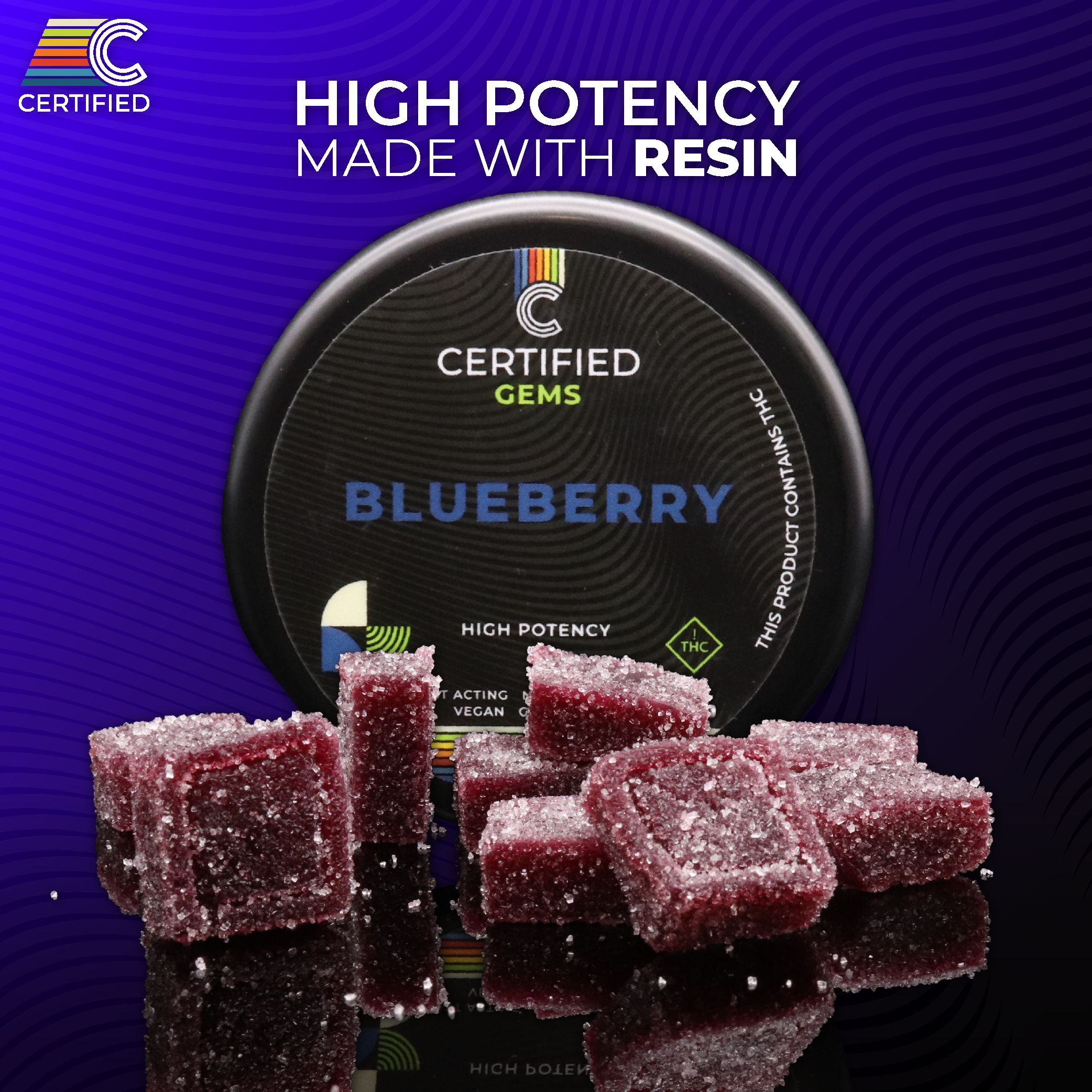 Photograph of product: Certified Cultivators | Blueberry High-Dose Gems 10 pc Resin Gummies