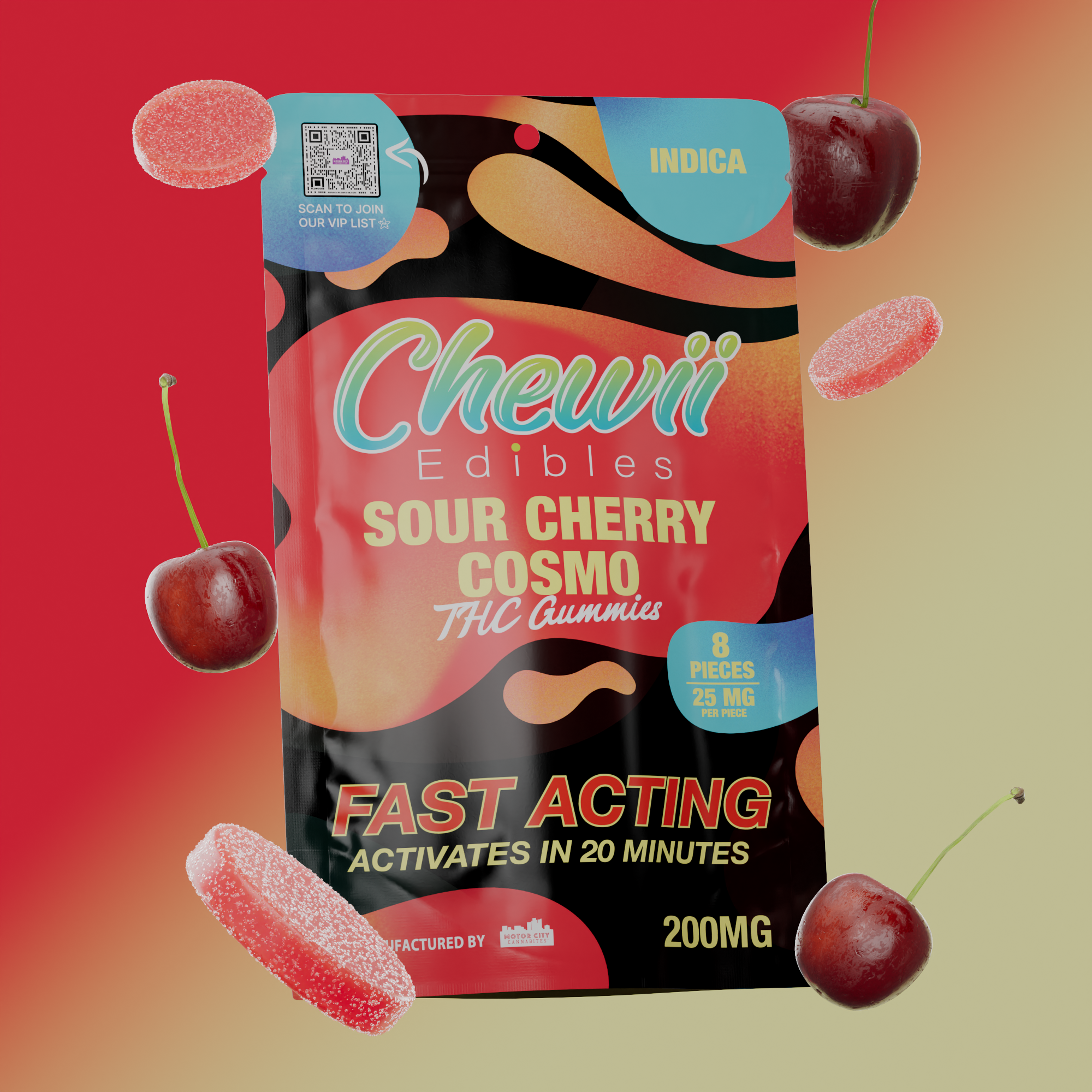 Photograph of product: CHEWII | SOUR CHERRY COSMO | FAST ACTING GUMMIES | 200MG