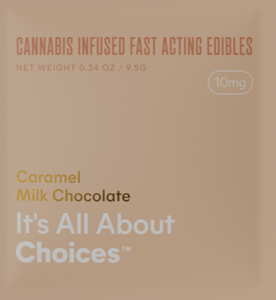 Photograph of product: It's All About Choices 10mg Caramel Milk Chocolate Bar