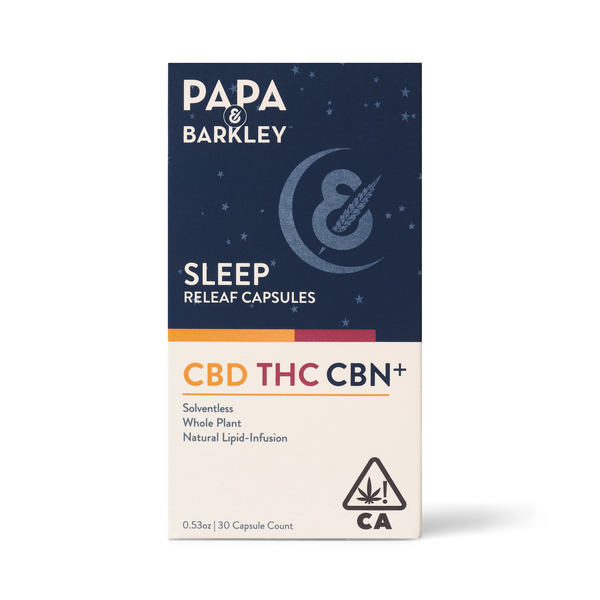 Photograph of product: Papa & Barkley Sleep Releaf 2:4:1 CBD:TH-oui:CBN Capsule 30pk 188mg