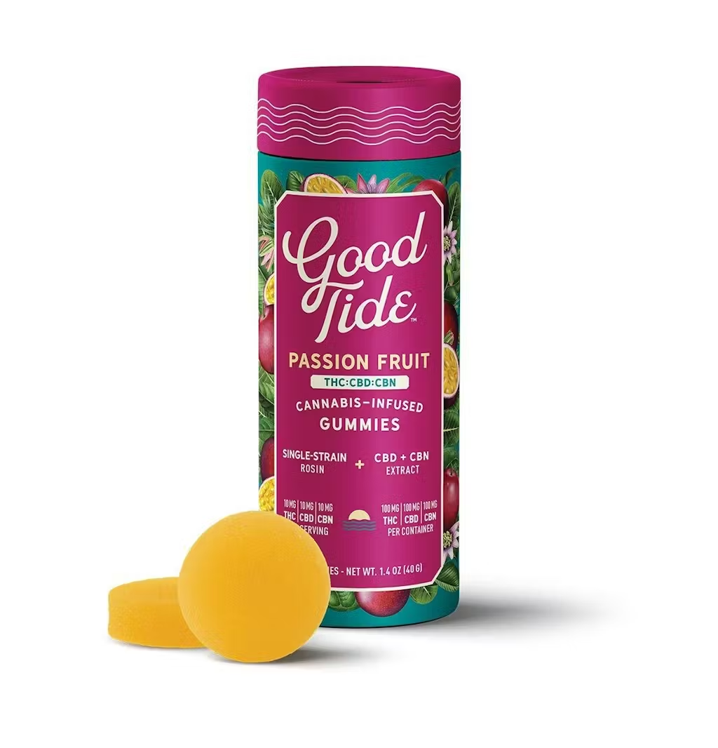 Photograph of product: Good Tide Passion Fruit Rosin Gummies 1:1:1 (TH-oui:CBD:CBN) 10mg 10pk