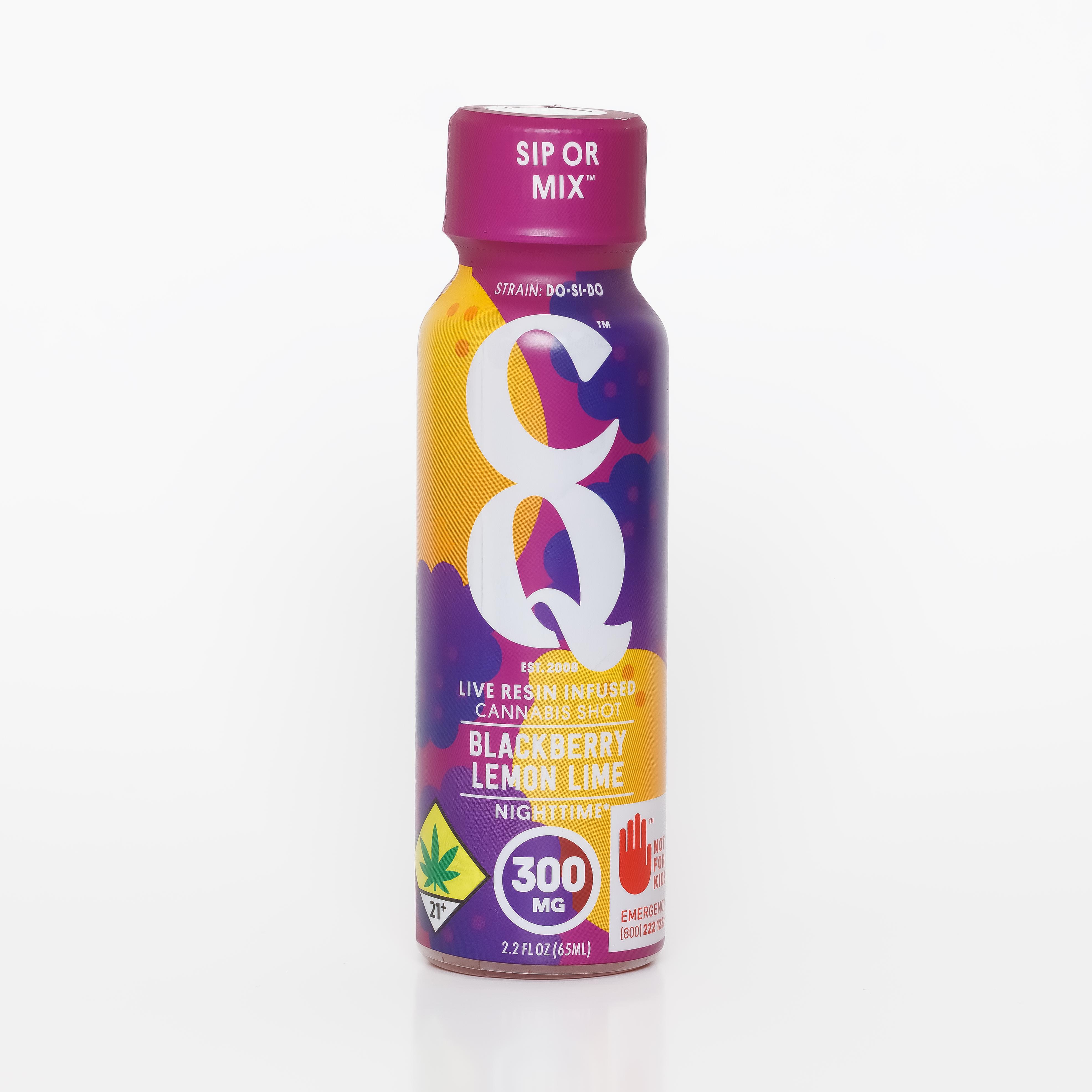 Photograph of product: CQ | Nighttime Blackberry Lemon Lime 1:1:1 | 2.2 oz Shot | 100mg TH-oui:CBD:CBN