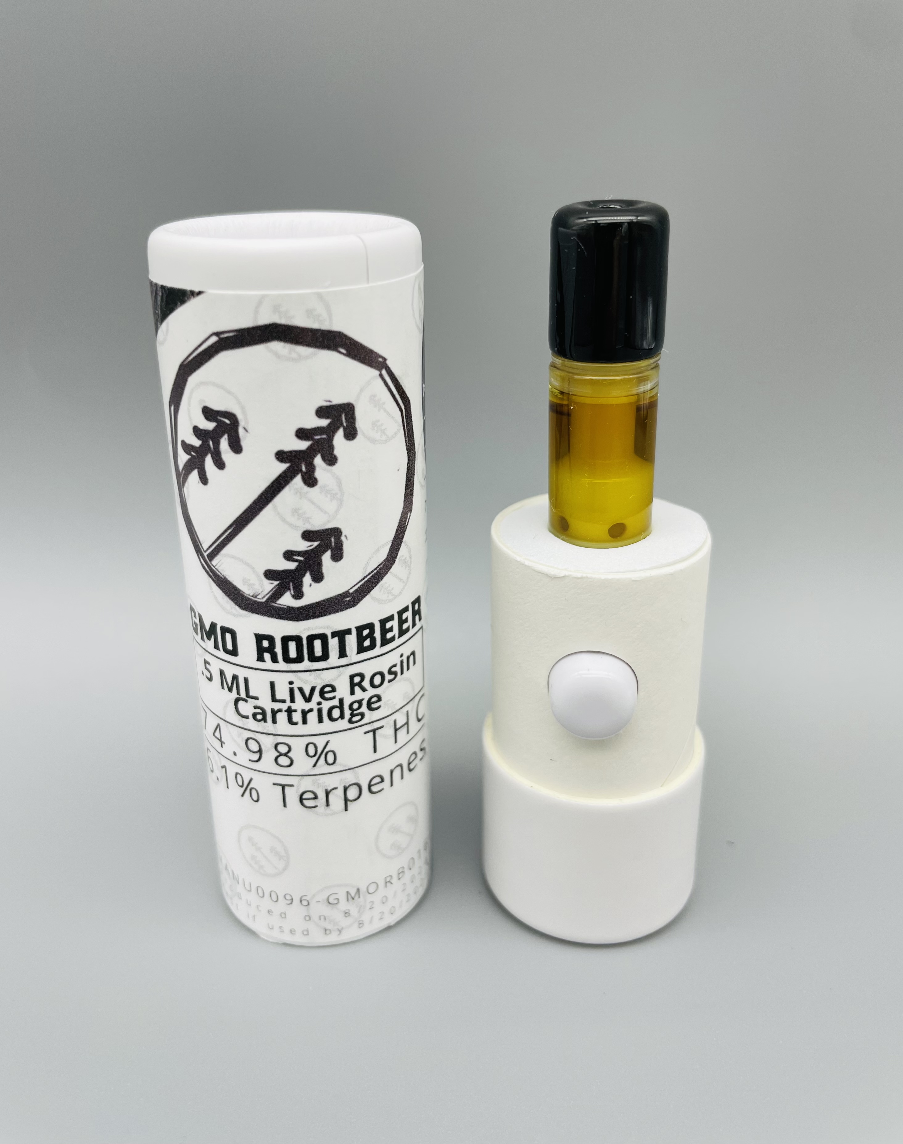 Photograph of product: Treetop Alliance  | GMO Rootbeer Live Rosin | Cartridge | .5g |  74.98% TH-oui