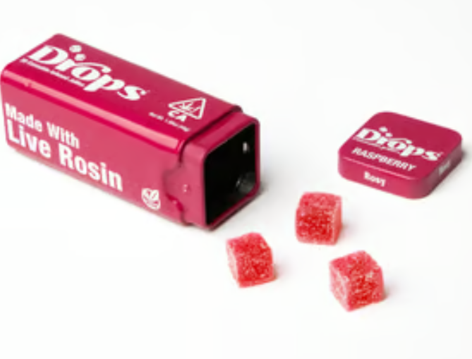Photograph of product: Drops | 20 pack | Raspberry | 100mg TH-oui | 50mg CBD | Oui'd