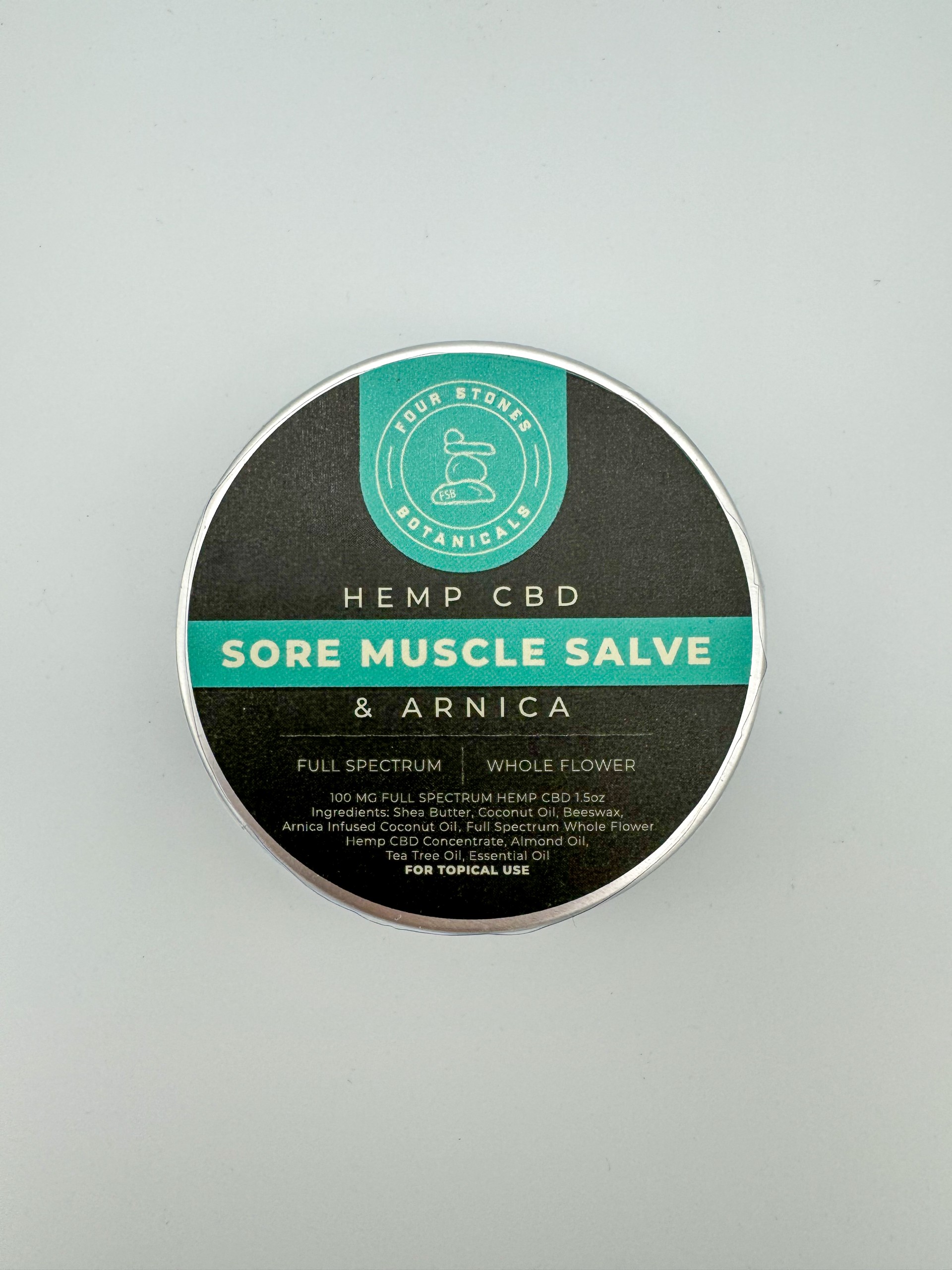 Photograph of product: Sore Muscle Salve & Arnica 100mg CBD | Four Stones Botanicals