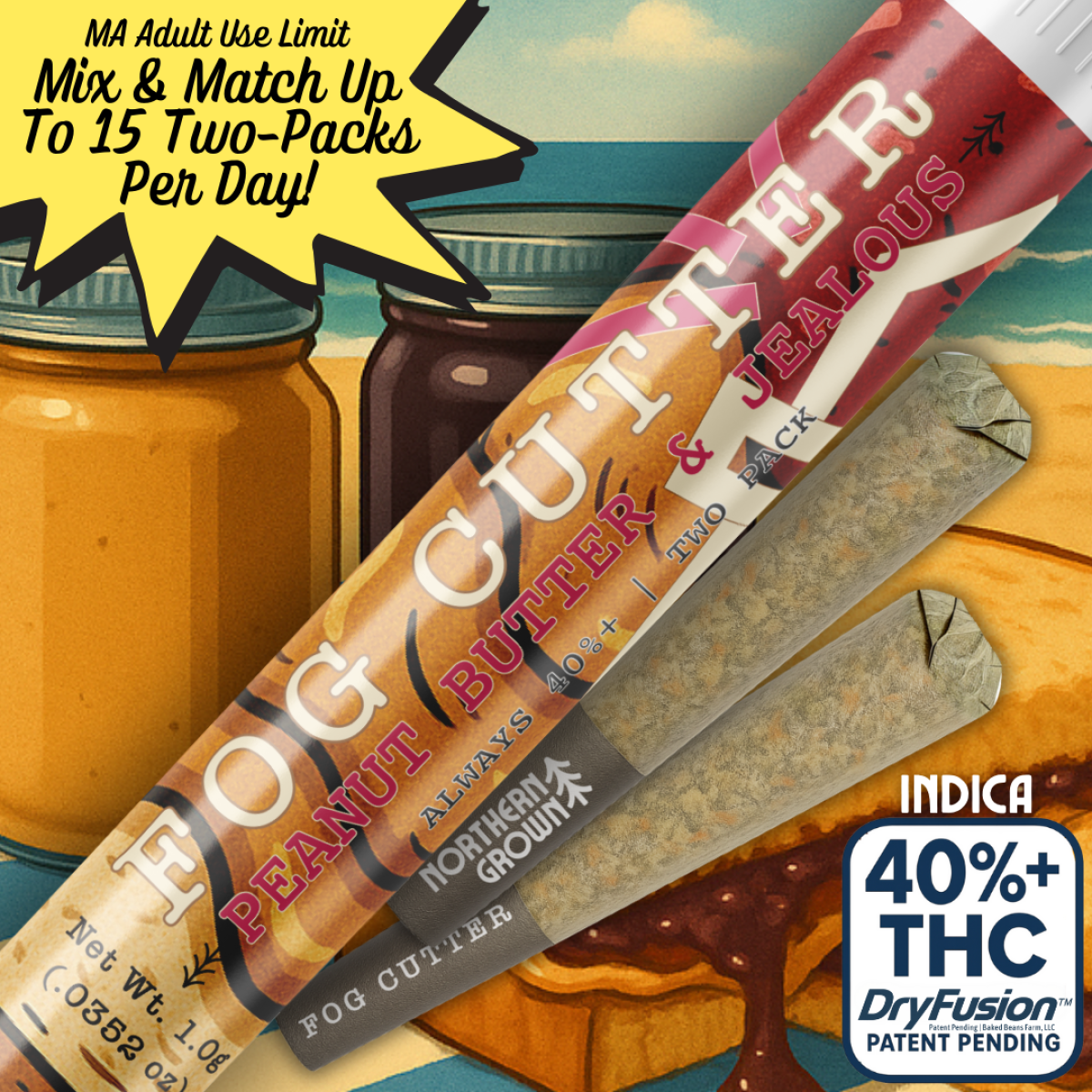 Photograph of product: Infused Preroll Fog Cutter - Peanut Butter & Jealousy - Oui'd [0.5g x 2] (Northern Grown)
