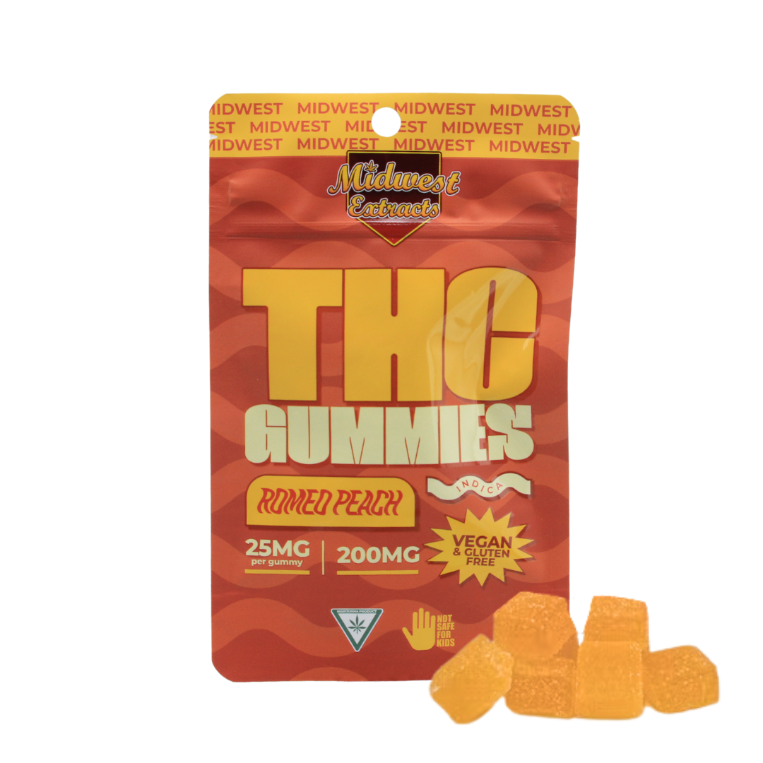 Photograph of product: Midwest Extracts | Romeo Peach Gummies  | 8x25mg | 200mg