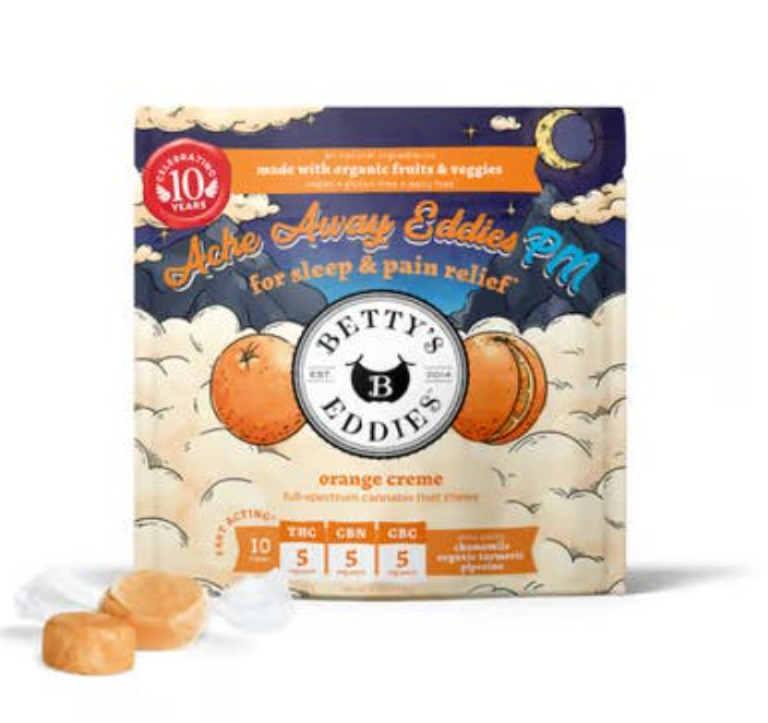Photograph of product: Orange Creme Ache Away Eddies PM 1:1:1 - Fruit Chews - 10pk 50mg
