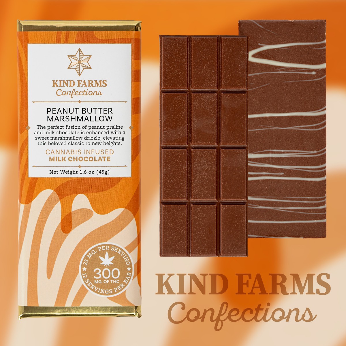 Photograph of product: Kind Farms | Peanut Butter Marshmallow | 300MG Choc Bar