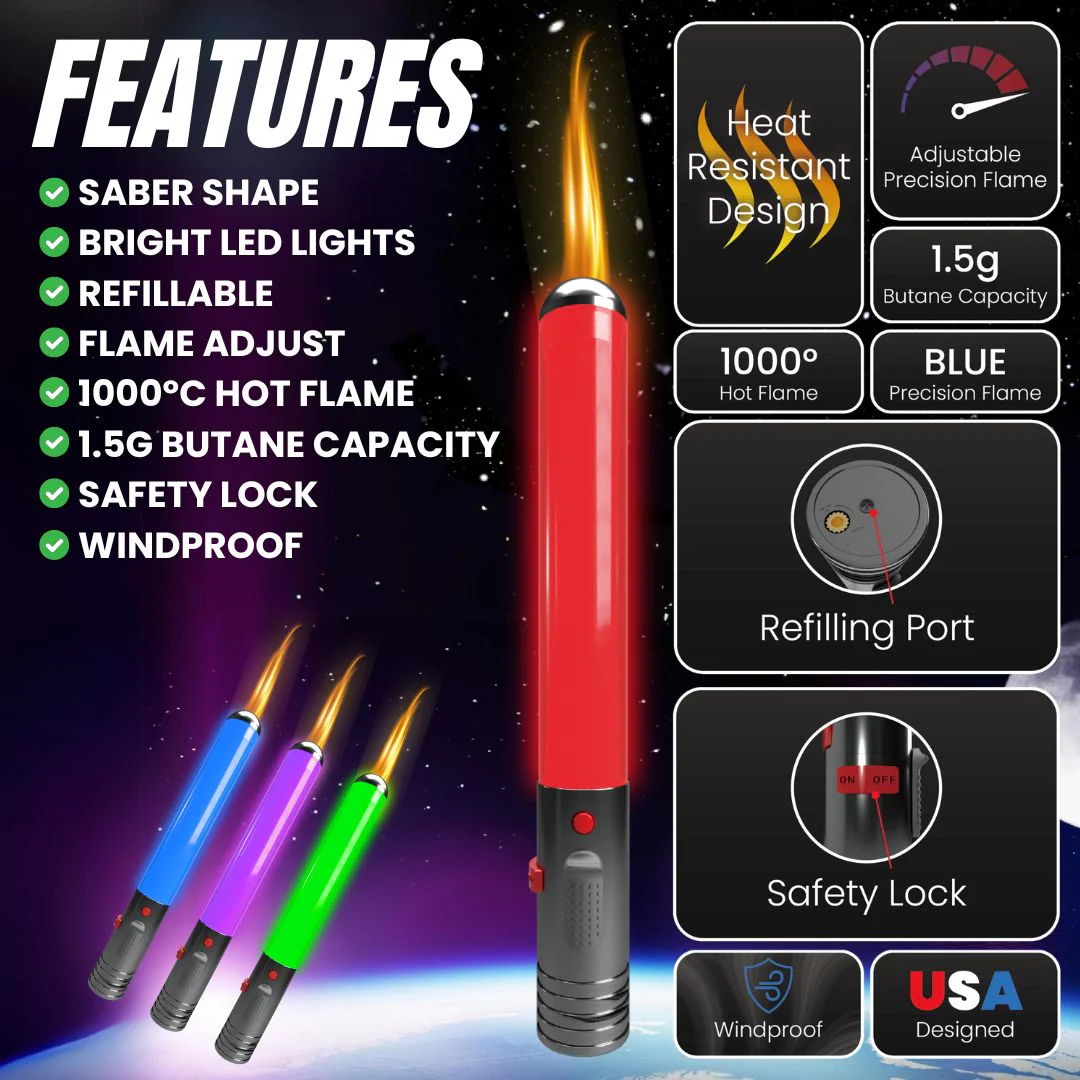 Photograph of product: SABER SHAPED TORCH WITH GLOWING LIGHTS AND ADJUSTABLE FLAME