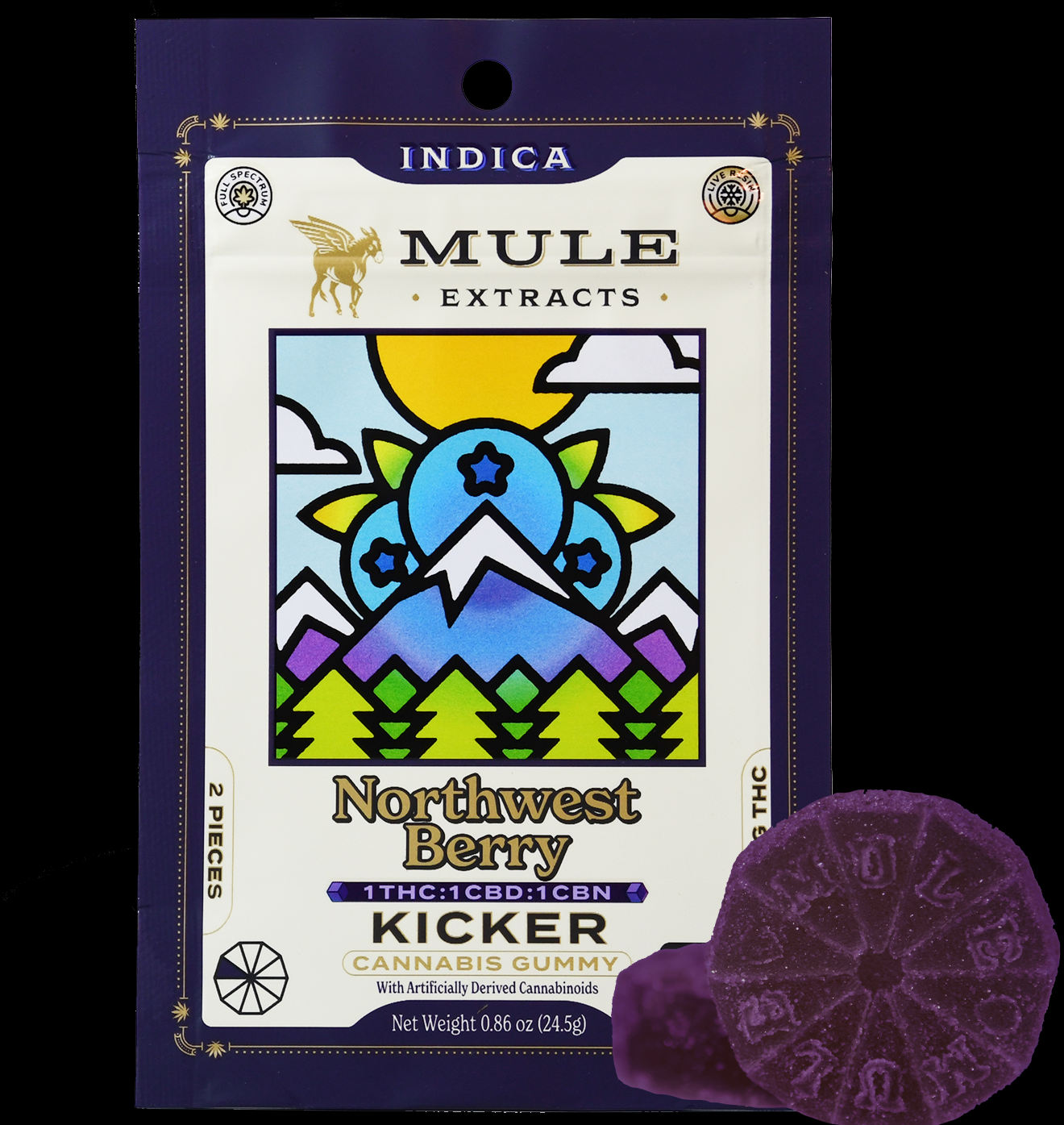 Photograph of product: Mule: 100mg Northwest Berry 1:1:1 Kicker 2-Piece Gummy