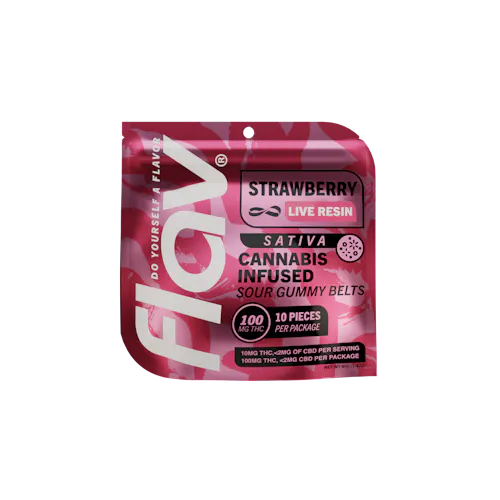 Photograph of product: Flav | Strawberry Belts | Oui'd | Live Resin | 10pk Gummies | 100mg
