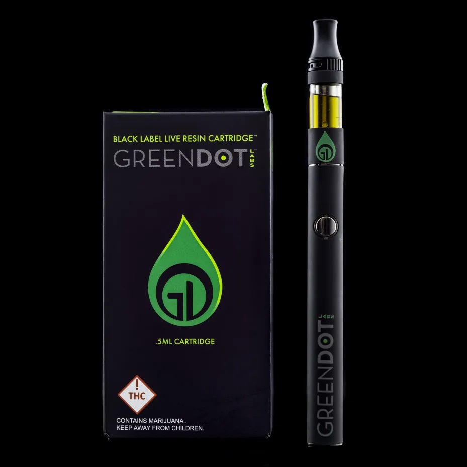 Photograph of product: Green Dot | Black | Live Resin Cart | Screaming OG