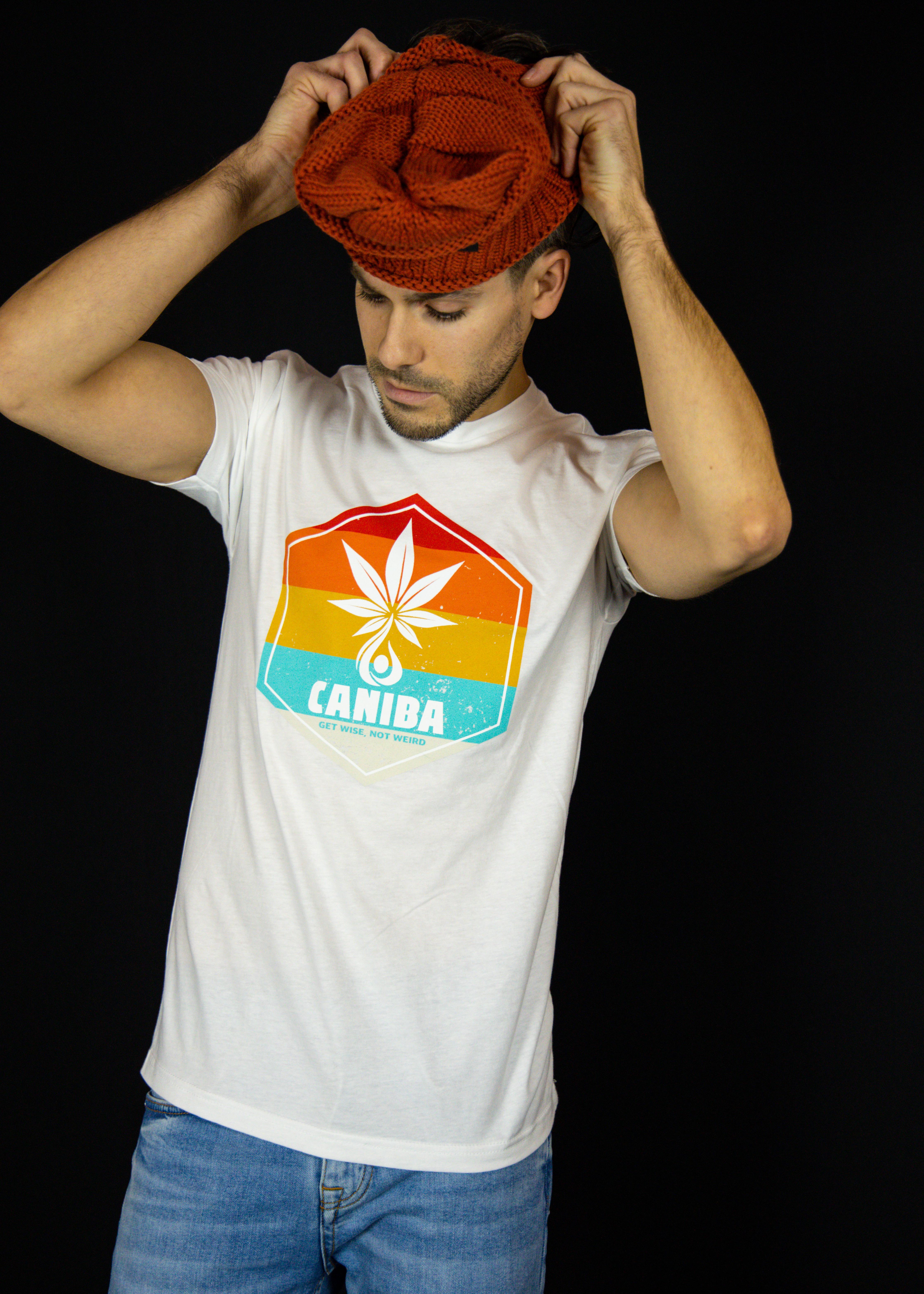 Photograph of product: T-shirt. XL. White. Hexagon Badge. Caniba