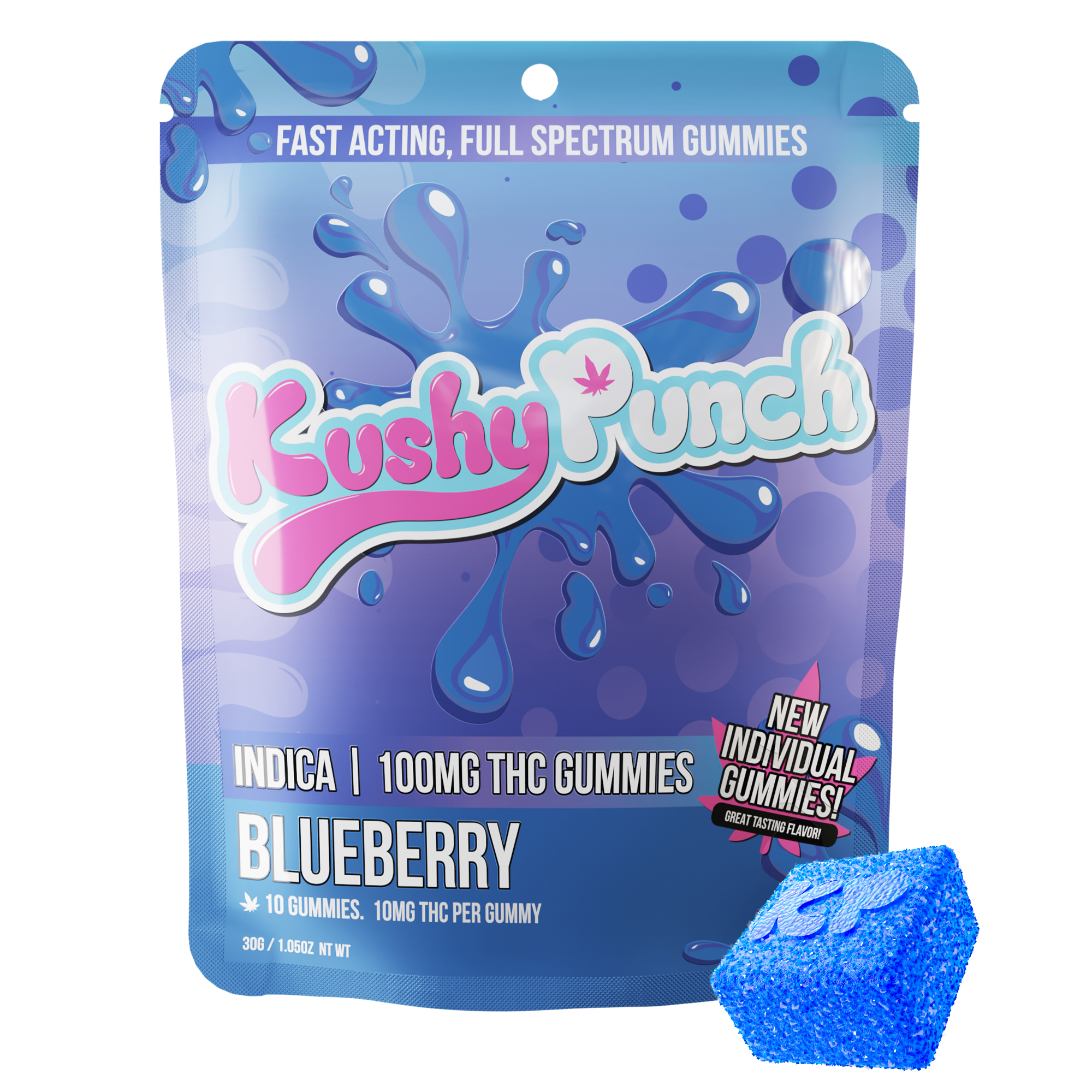 Photograph of product: Kushy Punch Blueberry Gummies Fast Acting/Full Spectrum Oui'd 100MG