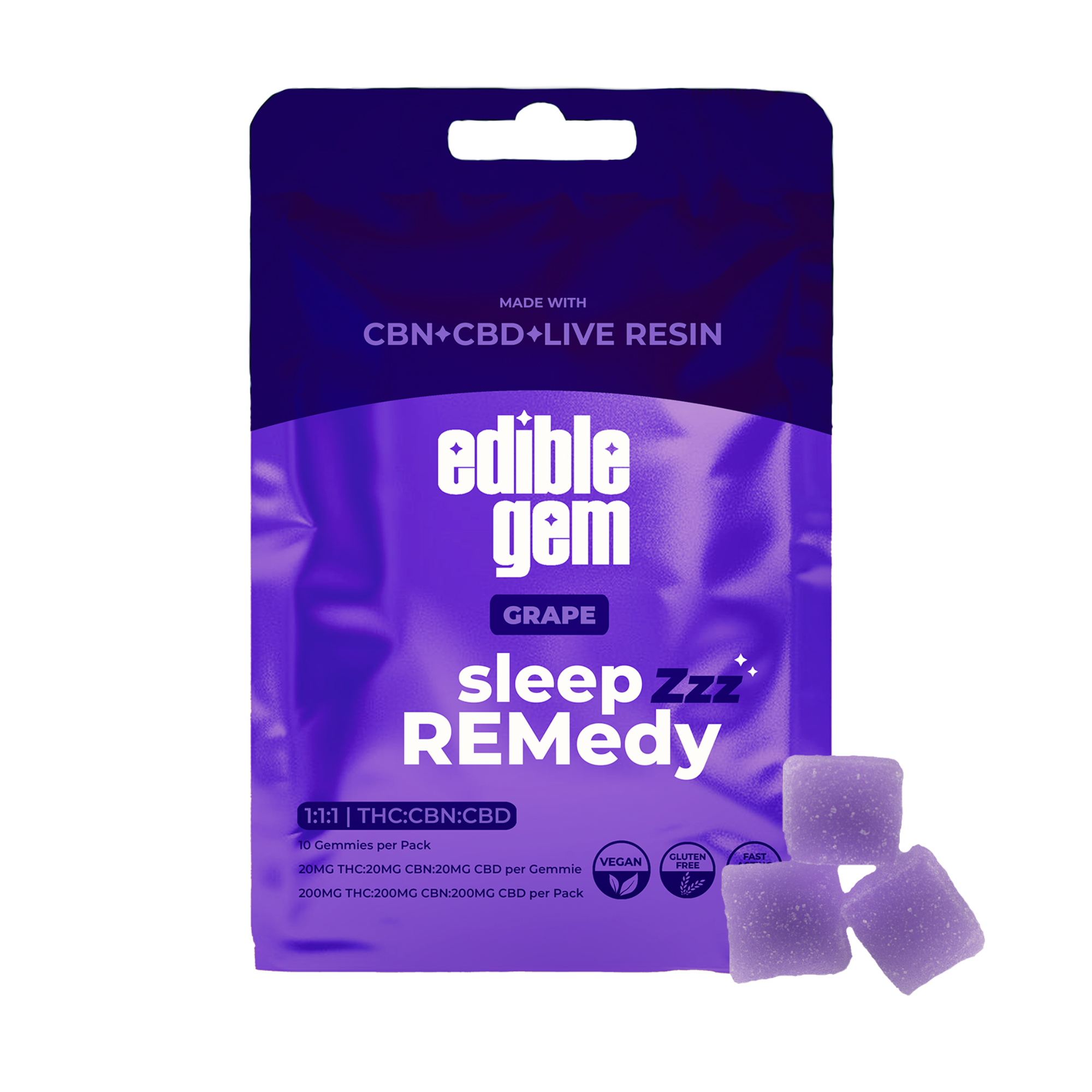 Photograph of product: Edible Gem 200mg Gummies Live Resin 1:1:1 Grape