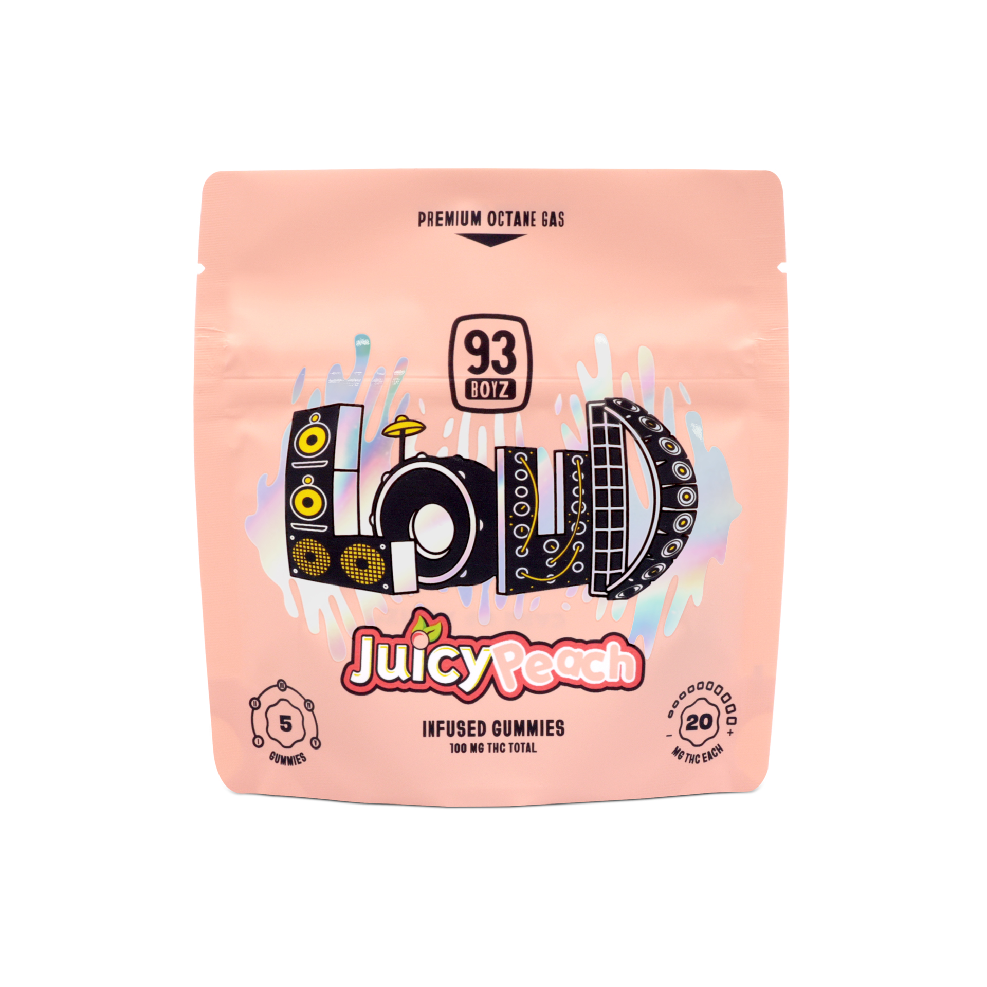 Photograph of product: 93 Boyz - Gummies - LOUD Juicy Peach 5pk (100mg)