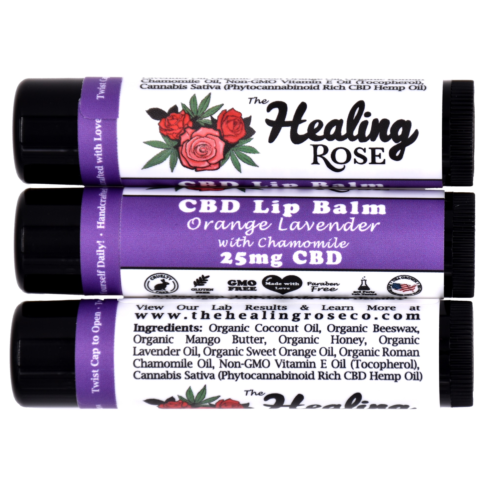 Photograph of product: 25mg CBD - Organic Orange Lavender Lip Balm - The Healing Rose