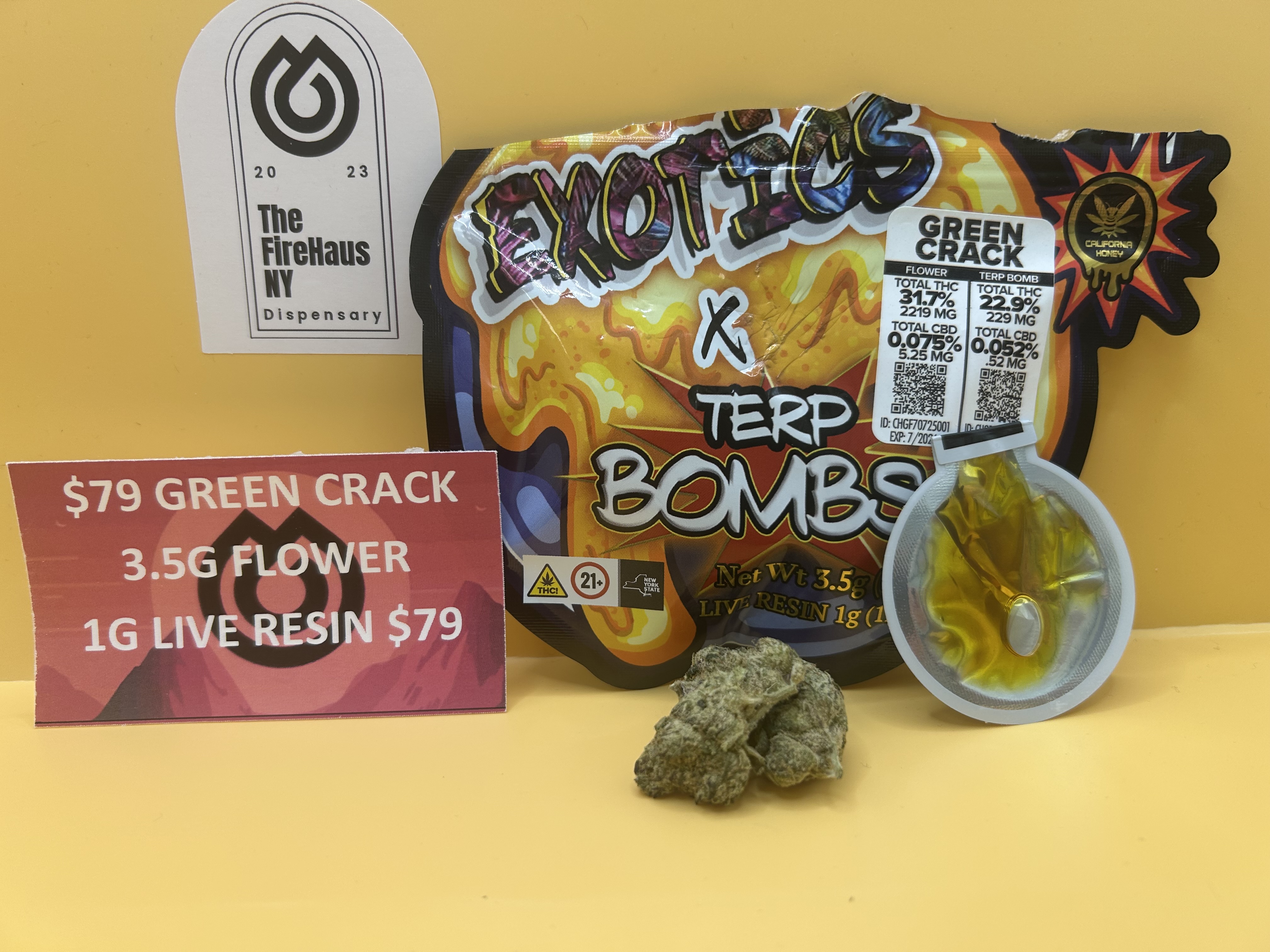 Photograph of product: CALI HONEY I EXOTICS X TERP BOMBS I GREEN CRACK I Oui'd | 3.5G FLOWER/1G LIVE RESIN